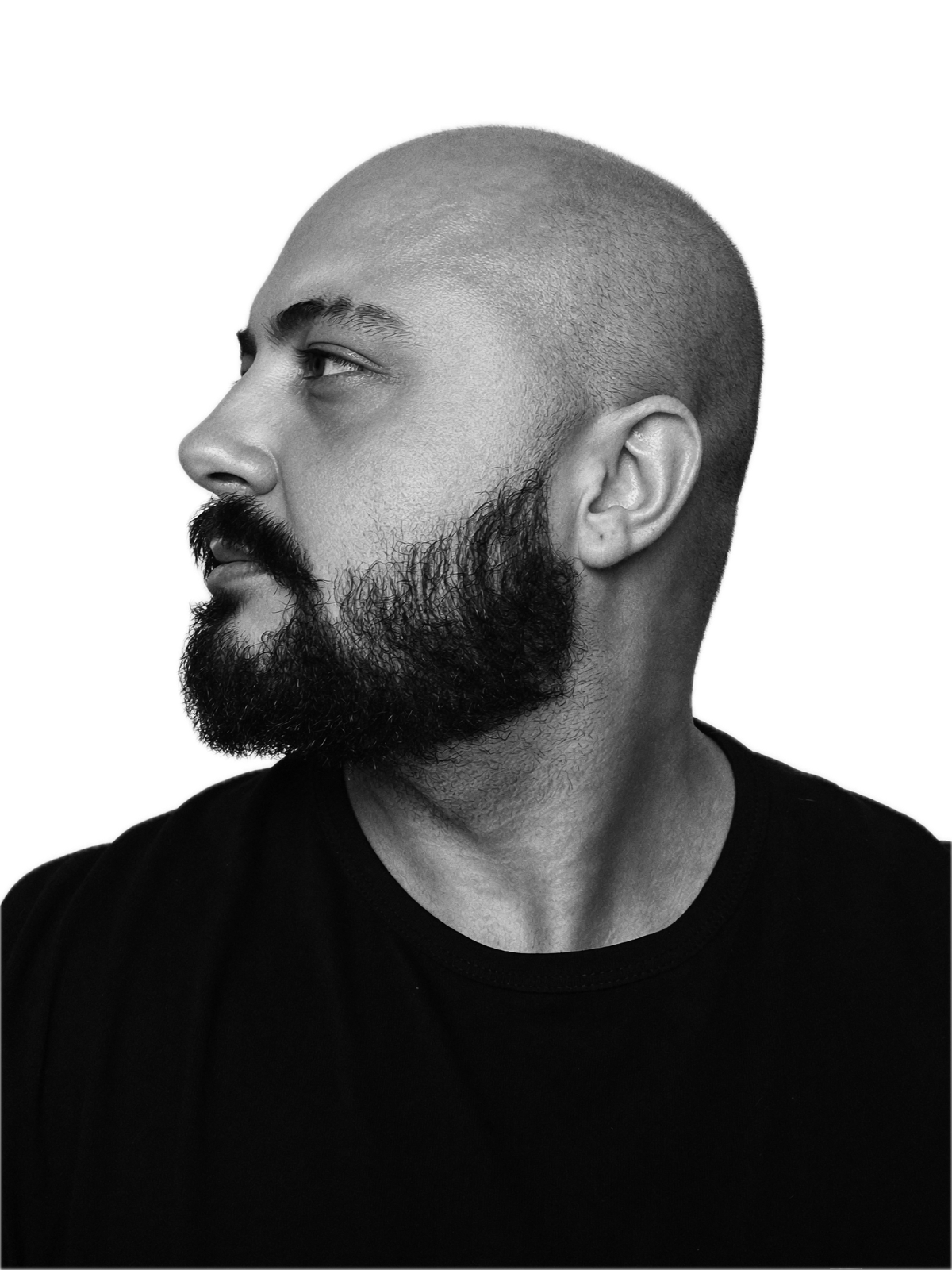 Rafael Pompeu wearing headphones, black and white side profile looking up
